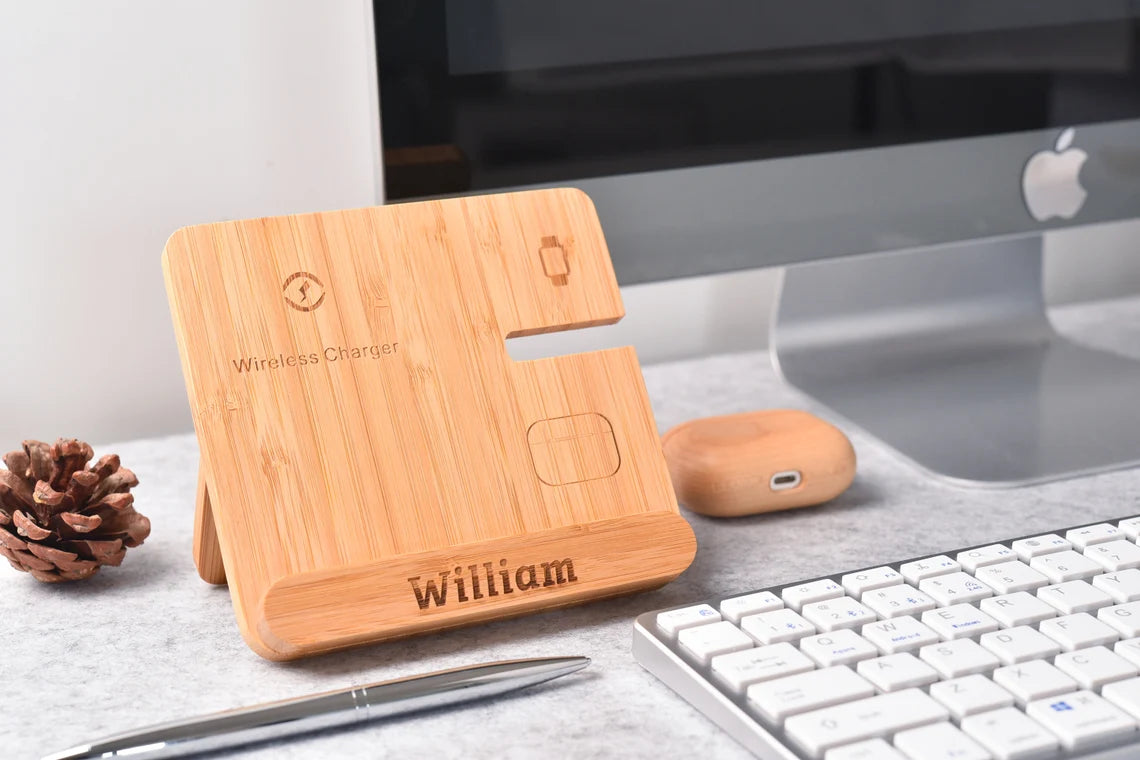Personalized Wireless Charging Station 3 in 1, Bamboo Wireless Charger for iPhone, Apple Watch, AirPods, Gift for Him, Desk Accessories
